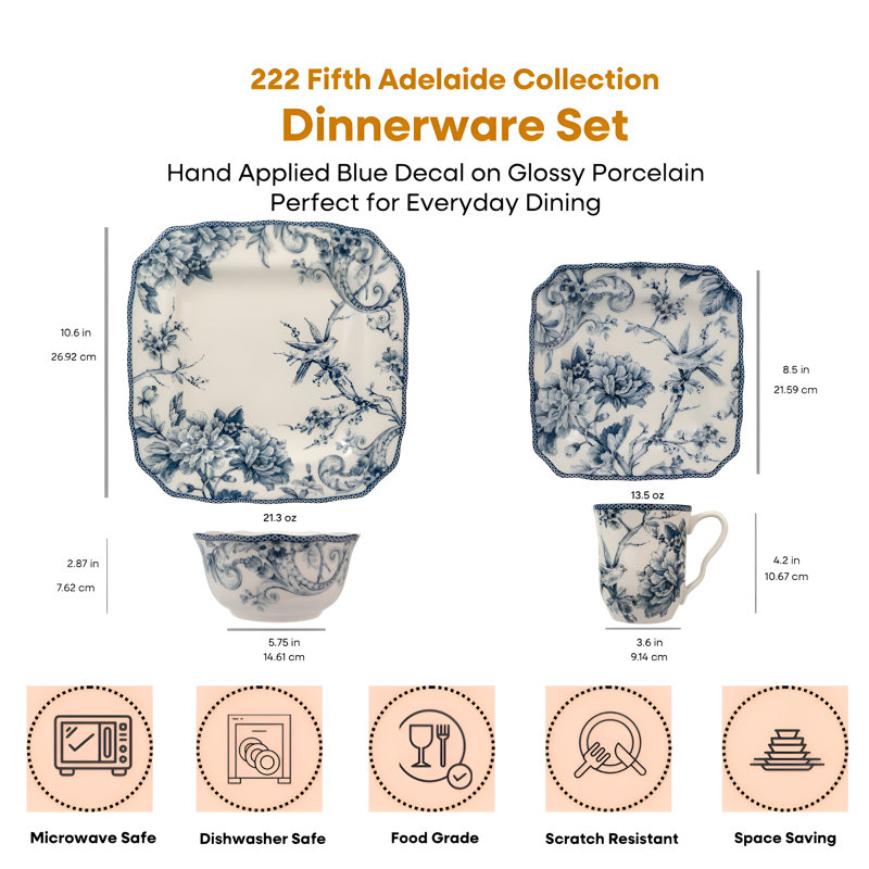 222 Fifth Adelaide 16-Piece Porcelain Floral Dinnerware Set